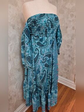 Kasturi Boho Paisley Smocked Maxi Dress Turquoise Blue Off Shoulder Flowy Small